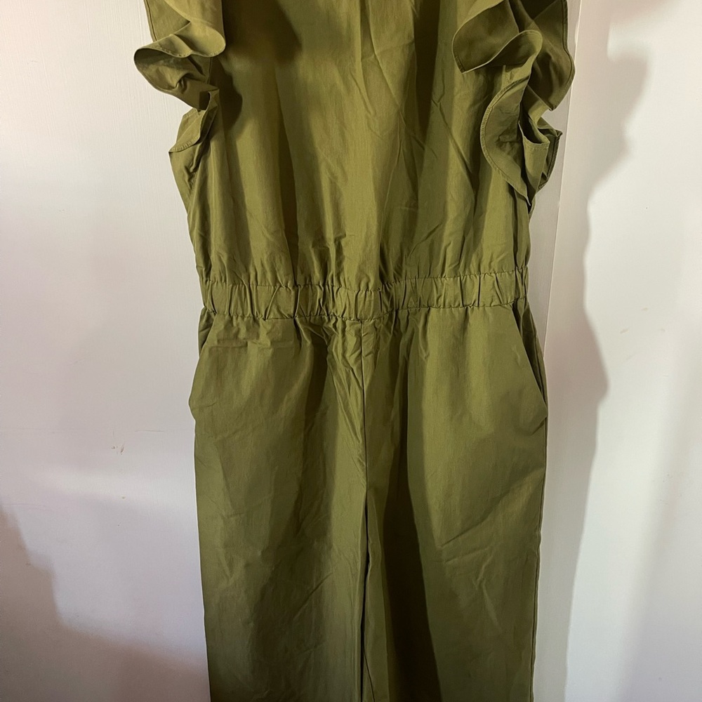 Olive Green Jumpsuit W/Pockets, flutter cap sleeves, elastic waist Ankle length